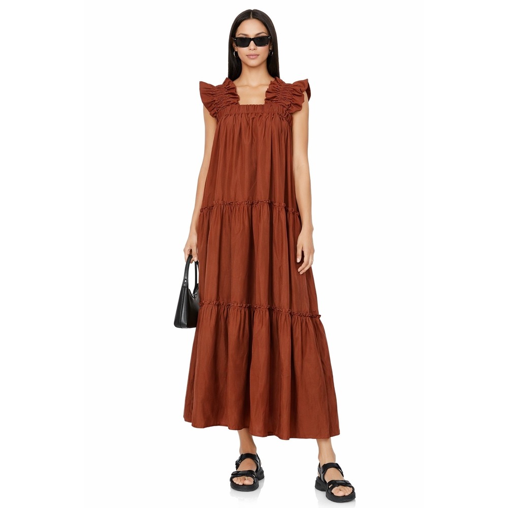 NWT Inclan Studios Collins Tiered Maxi Dress Rust Ruffle‎ Strap XS $440